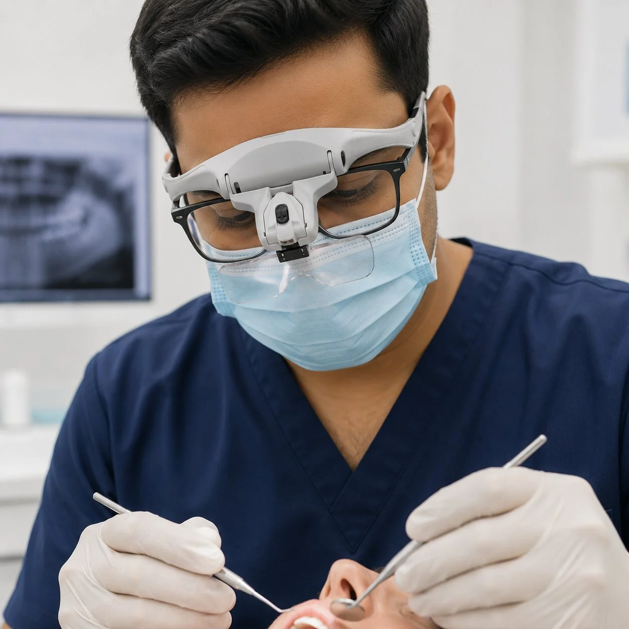 Dentist using customized dental loupes at Sri Amutha Dental Care